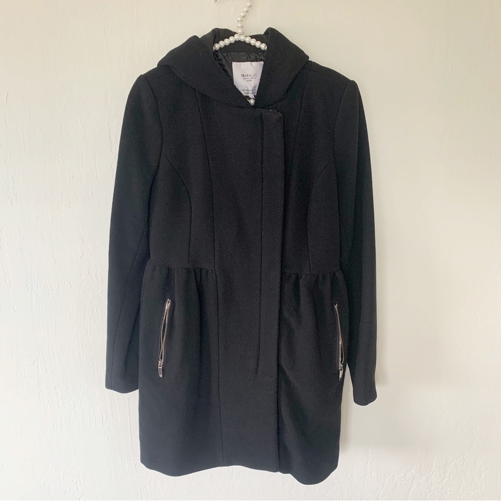 Zara Hooded Pleated Waist Zip Up Pea Coat